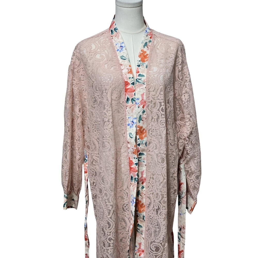 POL Kimono Blouse Womens Small Pink Lace Floral Sheer Lightweight Duster